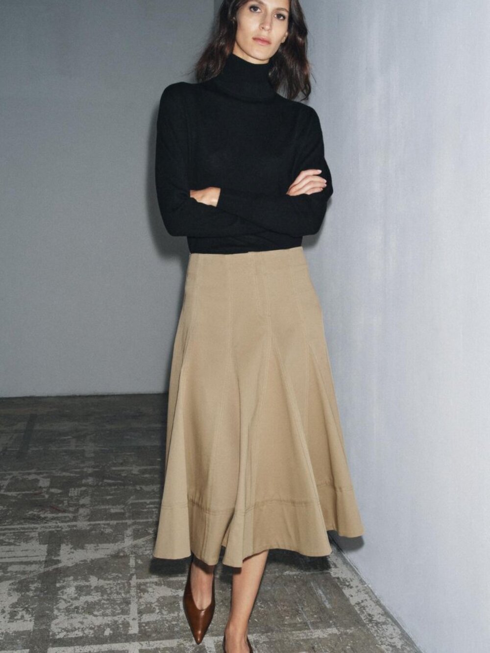 Zara ZW Collection Trench Midi Skirt Light Whiskey Pleated Hem Cotton Large NWT - Picture 3 of 13
